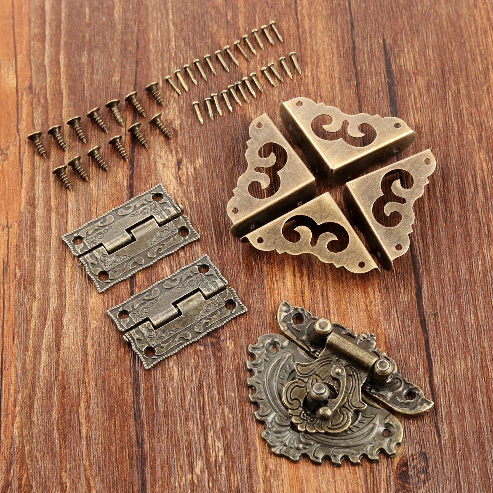 Furniture Hardware Hinges - 7pcs/set Antique Bronze Padlock Latch Hasp+Hinge+Corner