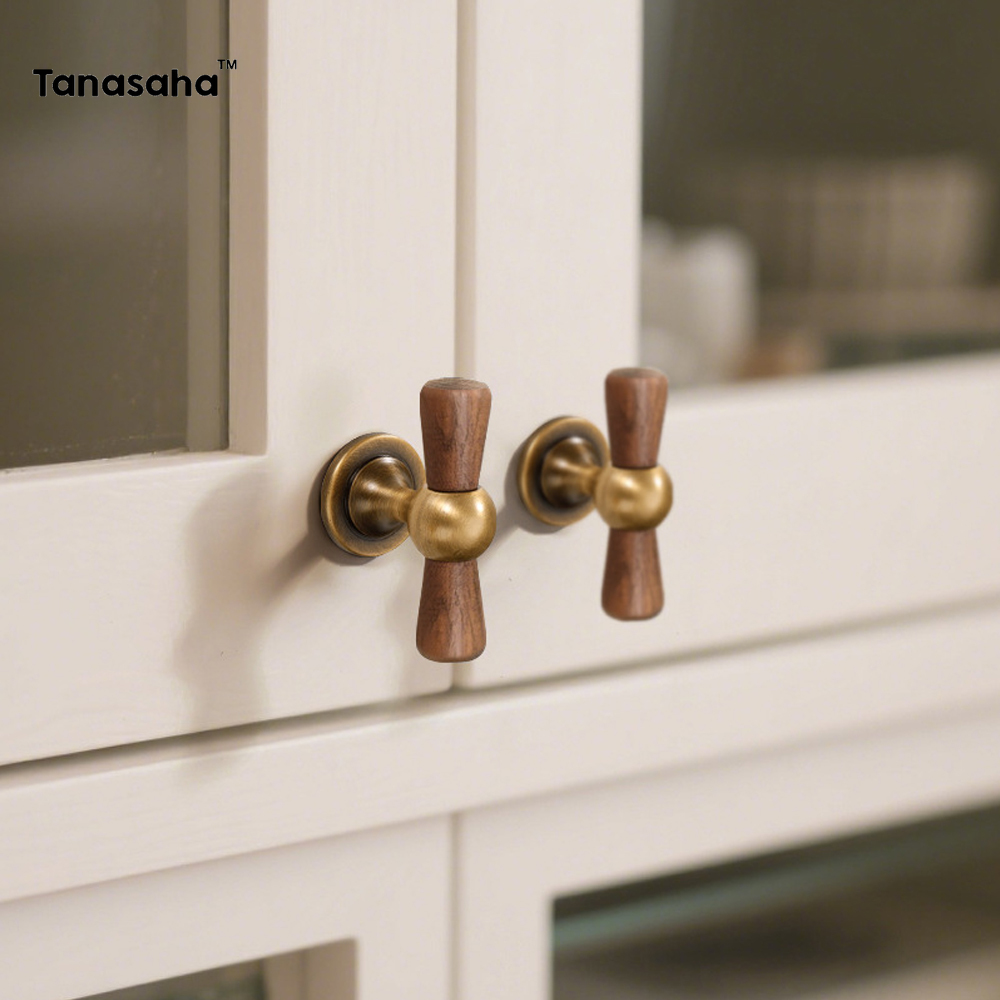 Vintage Furniture Hardware Pulls - Vintage Walnut Brass Handle Round Knobs