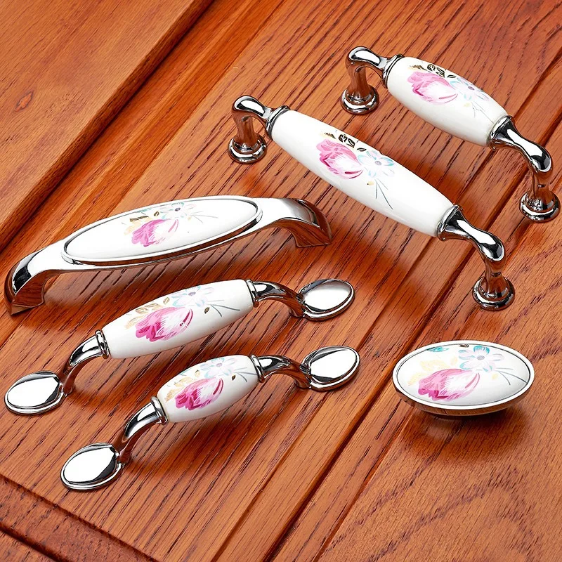 Vintage Furniture Hardware Pulls - Tulip Ceramic Door Handle Silver Drawer