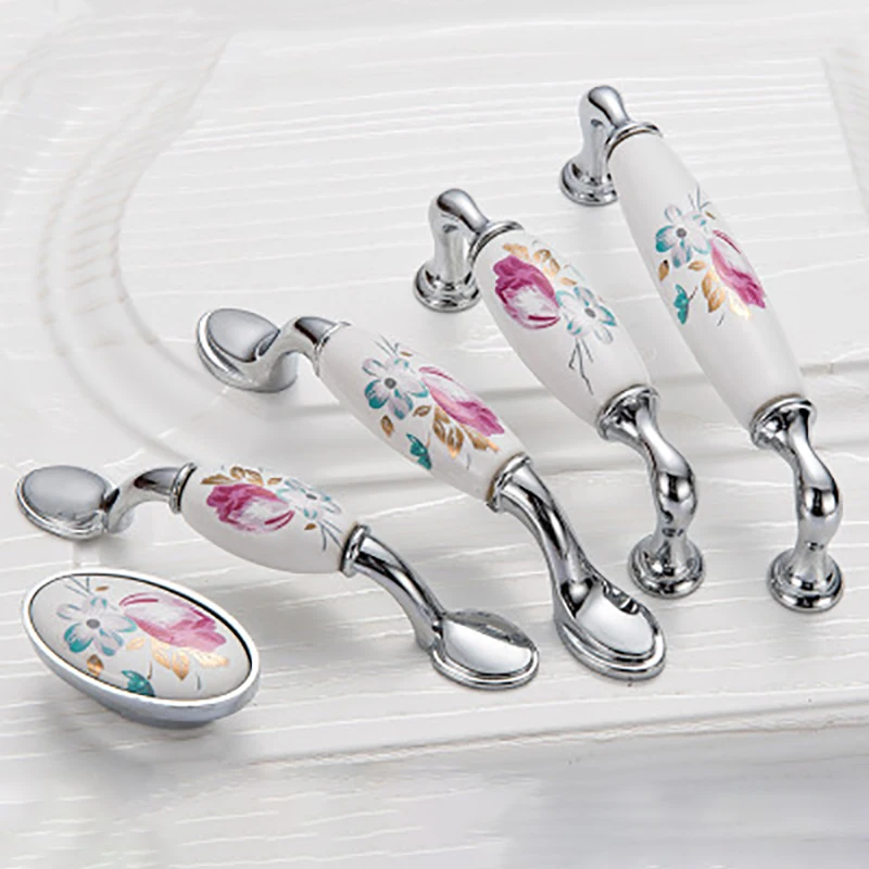 Vintage Furniture Hardware Pulls - Tulip Ceramic Door Handle Silver Drawer